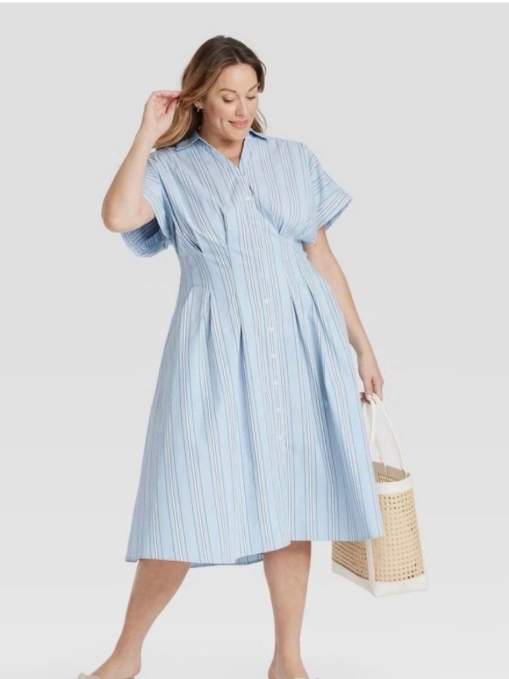 Light Blue Striped Button-Front Midi Dress